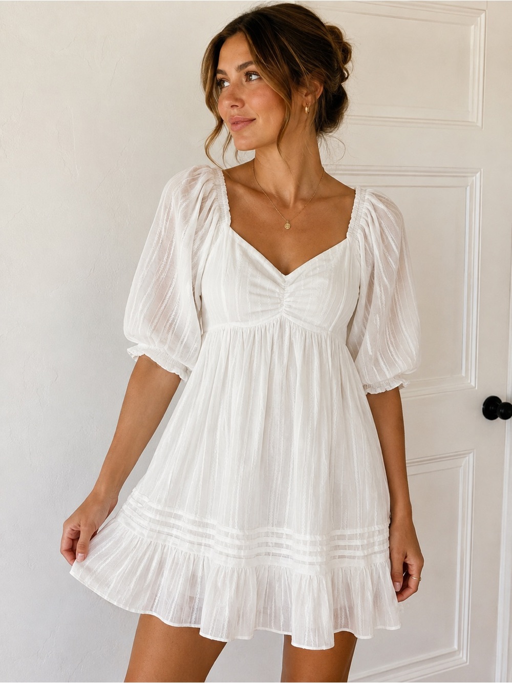 Vici White Puff-Sleeve Mini Babydoll Dress 100% Cotton